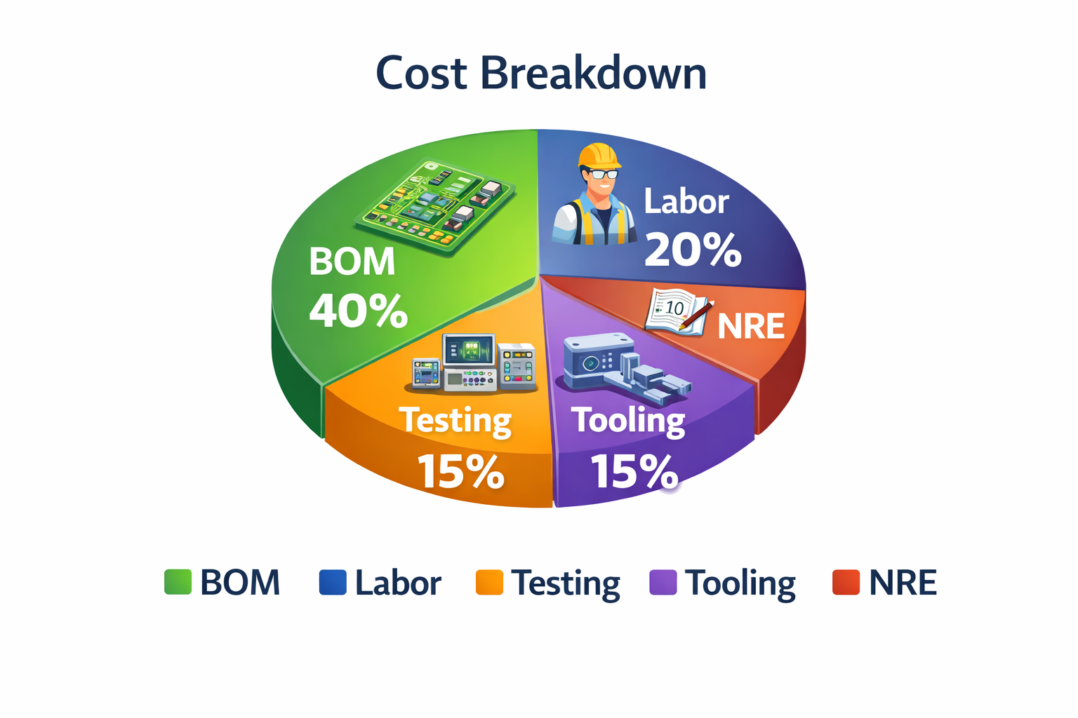 A Cost Breakdown Chart Showing BOM Labor Testing Tooling And NRE
