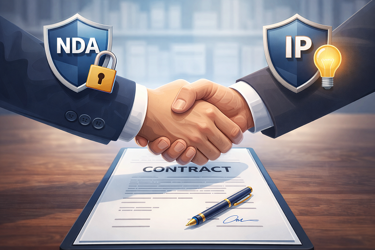 A Professional Handshake Over A Contract With NDA And IP Protection