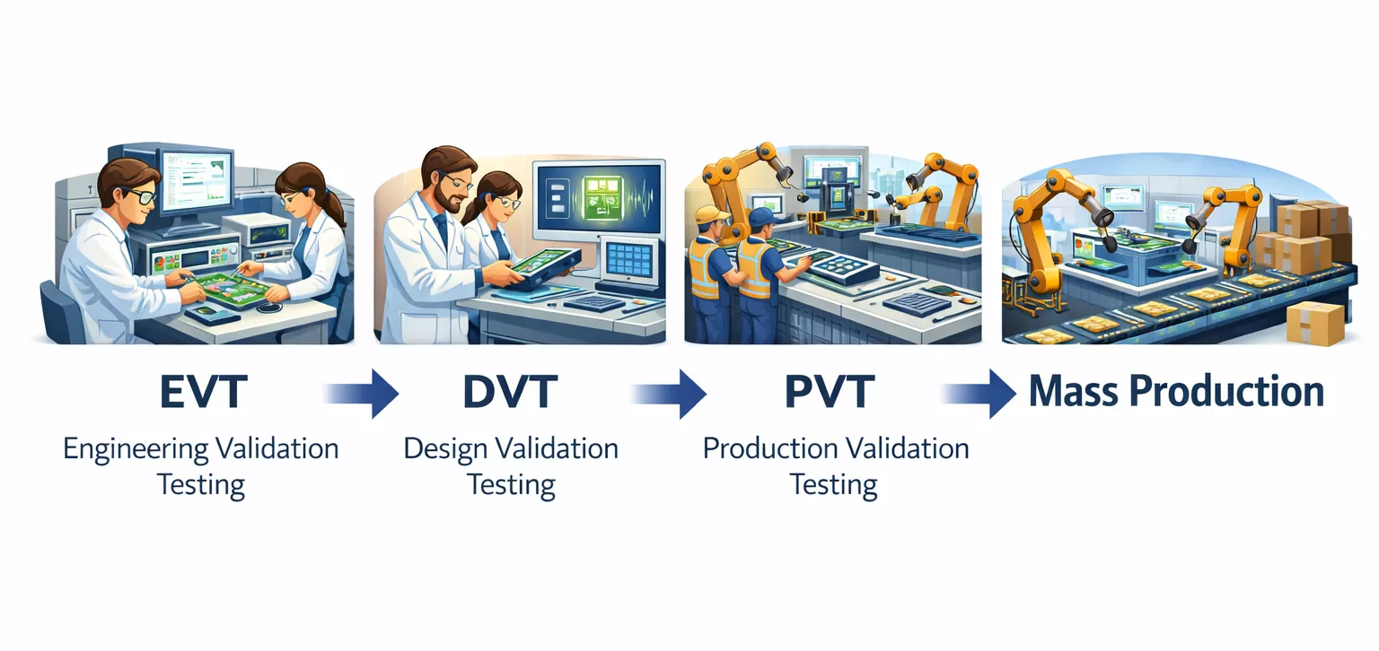 A Timeline Graphic Showing EVT → DVT → PVT → Mass Production