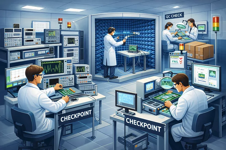 Quality Inspection Lab Scene With Test Equipment RF Chambers And Inspection Checkpoints