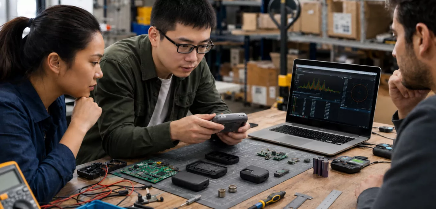 Startup Team And ODM Engineers Discussing IoT BLE Tracker Prototype